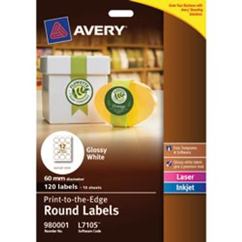 L7105 WHITE ROUND GLOSS LABEL 12UP 60mmD 10/pack (120 Labels)