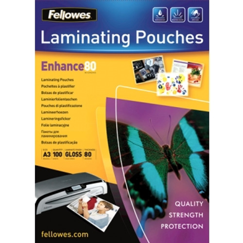 FELLOWES LAMINATING POUCHES A3 80 Micron Gloss (Pack of 100)