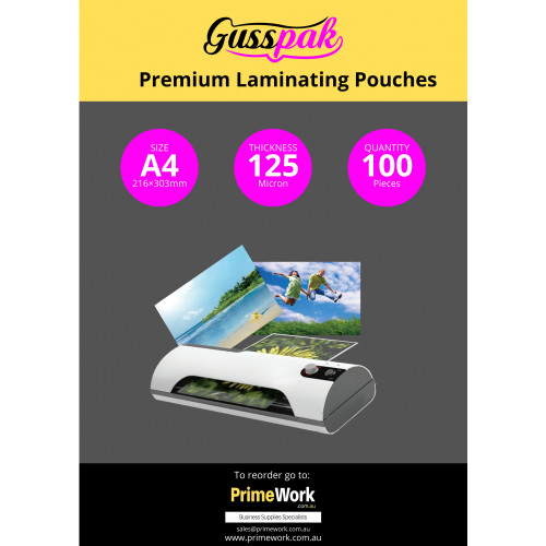 Gusspak A4 Laminating Pouches 216mm x 303mm 125 Micron Premium Gloss Pack Of 100