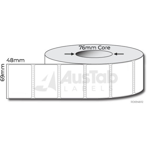 Thermal Direct Labels 69mm x 48mm White Matt – Permanent Adhesive Roll of 3000 Labels on a 76mm Core,  Box of4