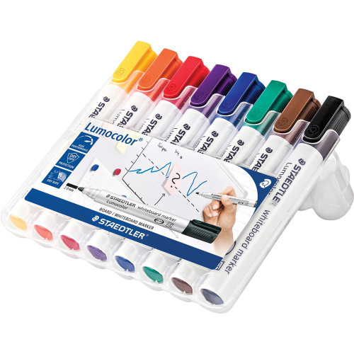 Staedtler 351 Lumocolor Whiteboard Marker 2.0mm Bullet Point, Wallet of 8 Assorted Colours