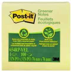 POST-IT 654RP-YEL NOTES Recycled Yellow 76x76mm
