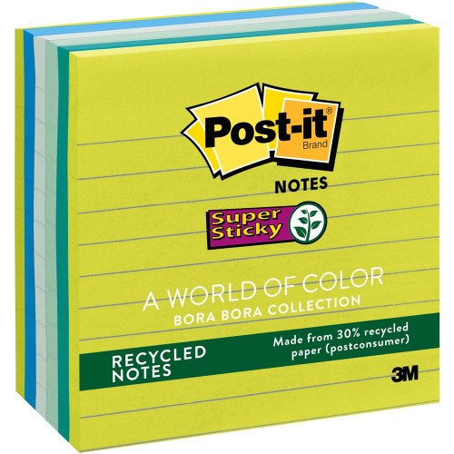 Post-It Lined Super Sticky recycled Notes Bora Bora 101 x 101mm 6-Pack 675-6SST