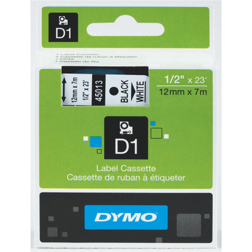 DYMO D1 LABELLING TAPE CASSETTES 45013 12mm x 7m Black on White Tape