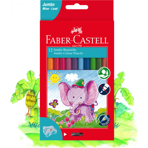Faber-Castell Jumbo Classic Colour Pencils Plus Sharpener, Assorted Pack of 12 (16-111622)