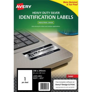 AVERY L6013 DURABLE H/D LABEL Laser 1/Sht 210x298 Slvr Met (20 Labels)