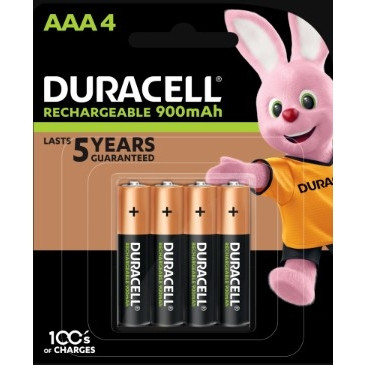 Duracell NiMH Rechargeable AAA Batteries, 900mAh, Pack of 4 (Pre-charged)
