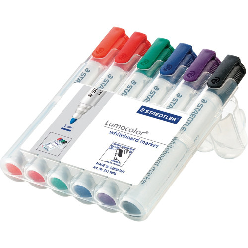 Staedtler 351 Lumocolor Whiteboard Marker 2.0mm Bullet Point, Wallet of 6 Assorted Colours