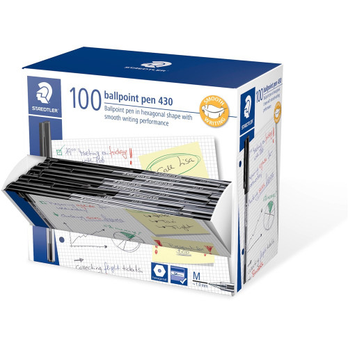 Staedtler Ballpoint Pen Stick 430 Medium - Black, Dispenser Box of 100
