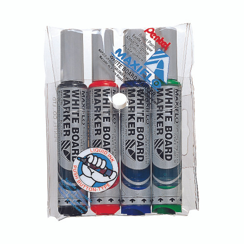 Pentel MWL5 Maxiflo Whiteboard Marker Bullet Point 2.1mm Assorted Wallet of 4 (Black, Red, Blue, Green)