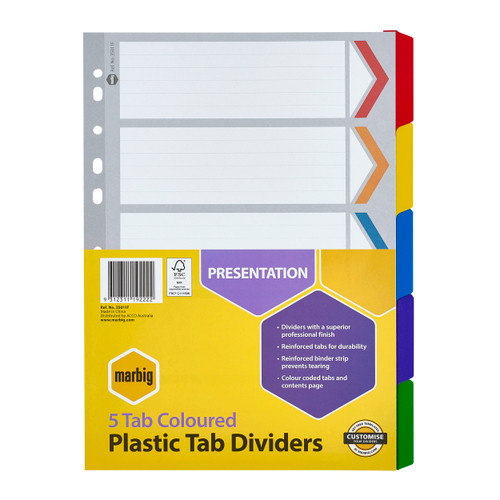 MARBIG COLOURED DIVIDERS A4 5 Reinforced Tab PP