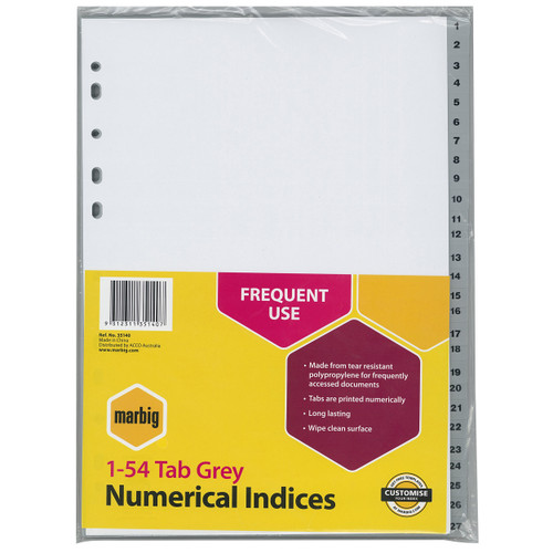 MARBIG POLYPROPYLENE DIVIDERS - NUMERICAL 1-54 A4 Grey