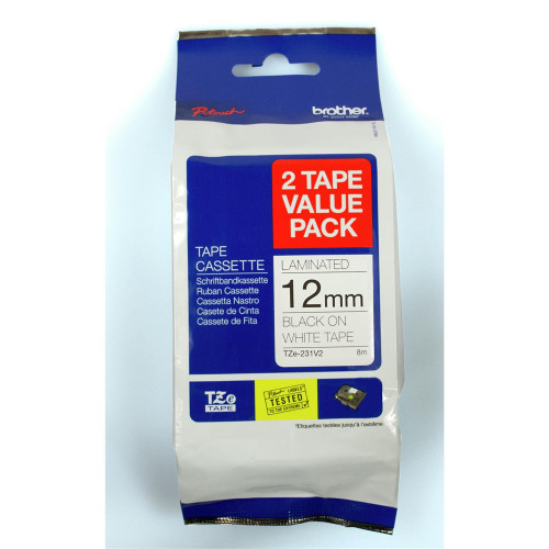 BROTHER TZE-231V2 PTOUCH TAPE 12mm x 8mtr Black On White Twin - 2 Tape Value Pack