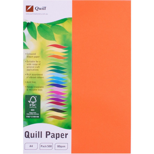 Quill Coloured Paper 80gsm A4 - Orange, Pack of 500 (90161)