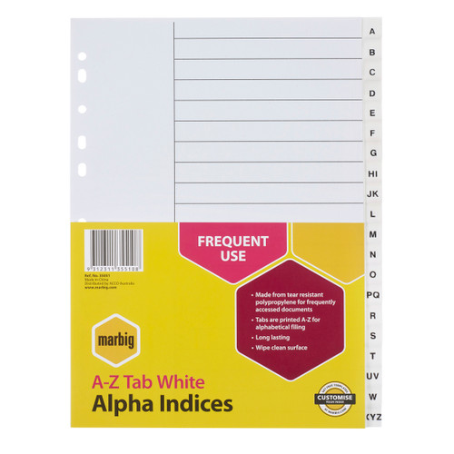 MARBIG POLYPROPYLENE DIVIDERS - ALPHABETICAL A-Z A4 White