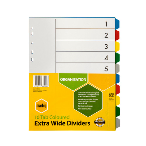 MARBIG POLYPROPYLENE DIVIDERS 10 Tab A4 Multi-Colour Extra Wide