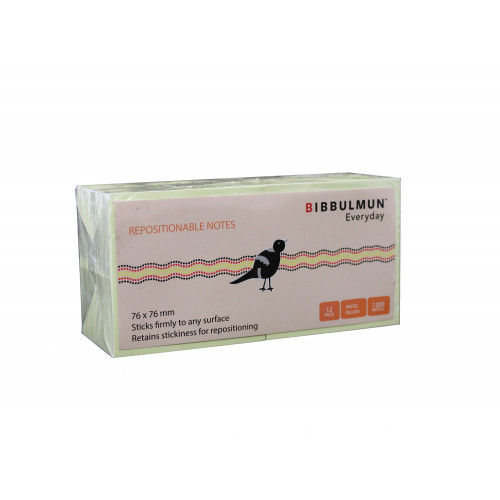 BIBBULMUN STICKY NOTES 76X76mm Yellow Pack of 12