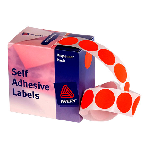 AVERY DISPENSER LABELS Circles DMC24R 24mm Red, Pk500