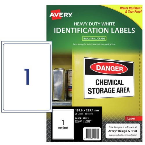 AVERY DURABLE HEAVY DUTY WHITE IDENTIFICATION LASER LABELS L7067 1 Label Per Sheet 199.6x289.1mm 25 Sheets