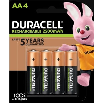 Duracell NiMH Rechargeable AA Batteries, 2500mAh, Pack of 4 (Pre-charged)