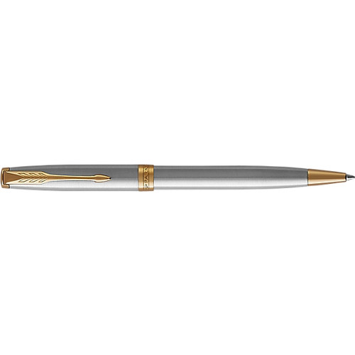 PARKER SONNET BRUSHED STAINLESS STEEL GOLD TRIM BALLPOINT PEN Medium Nib Black Ink