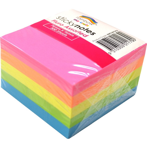 RAINBOW MY CRAFT STICK ON NOTES FLURO ASSORTED 76MM X 76MM 500 SHEETS
