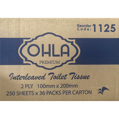 OHLA INTERLEAVED TOILET tissue 2 ply 100 x 200mm Carton of 36 packs 01CL250