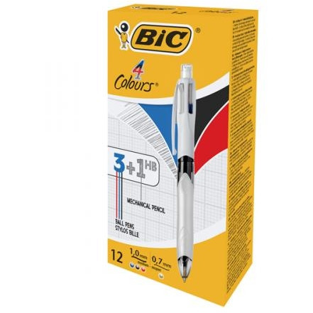 BIC 4 Colours Multi-Function Pen, 3 Ballpoint & 1 Pencil, Pack of 12