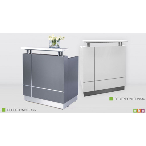 RECEPTIONIST MINI COUNTER HIGH GLOSS WHITE BODY 880(W) X 690(D) X 1150(H)MM, MATT WHITE MELAMINE DESKTOP, HOB TOP JADE WHITE CAESAR STONE