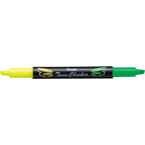 Pentel SLW8 Twin Checker Twin Tip Dual Colour Highlighter Yellow & Green Ink, Each