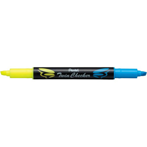Pentel SLW8 Twin Checker Twin Tip Dual Colour Highlighter Yellow & Sky Blue Ink, Each