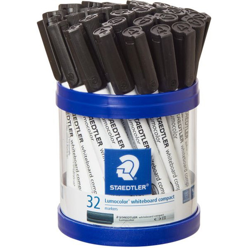 Staedtler 341 Lumocolor Whiteboard Compact Marker 1.0 - 2.0mm Bullet Point - Black, Cup of 32