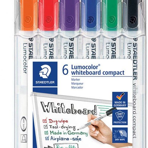 Staedtler 341 Lumocolor Whiteboard Compact Marker 1.0 - 2.0mm Bullet Point Assorted Wallet 6 Colours