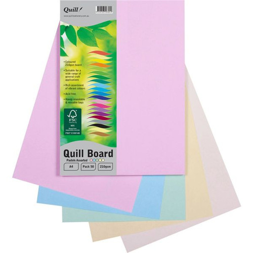 Quill Coloured Board 210gsm A4 - Pastel Assorted, Pack of 50 (90324)