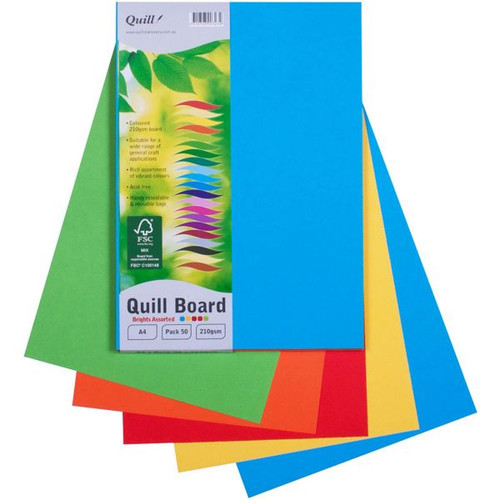 Quill Coloured Board 210gsm A4 - Bright Assorted, Pack of 50 (90323)