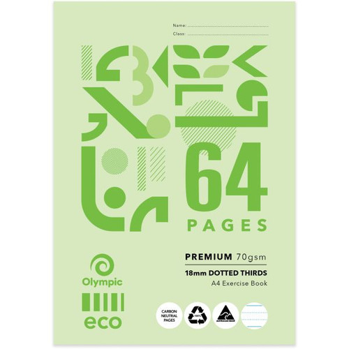 Olympic ECO Exercise Book 70gsm D186 A4 18mm Dotted Thirds 64 Page, Pack of 20 (198879)