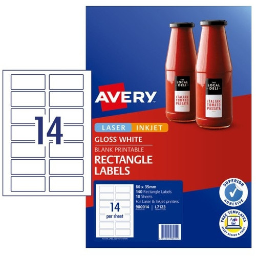 Avery L7123 Glossy Rectangle Labels
80 x 35 mm Laser/Inkjet Permanent 140 Labels / 10 Sheets