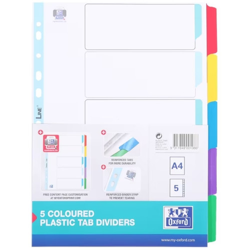 Oxford A4 5 Coloured Plastic Tab Dividers