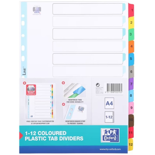 Oxford A4 Plastic Tab Dividers 1-12 Colour Reinforced