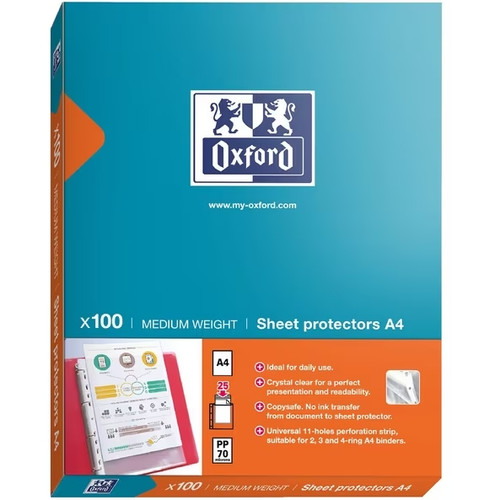 Oxford A4 Sheet Protector Medium Weight A4 PP White Strip 70 Micron Clear 100 Pack Copy Safe