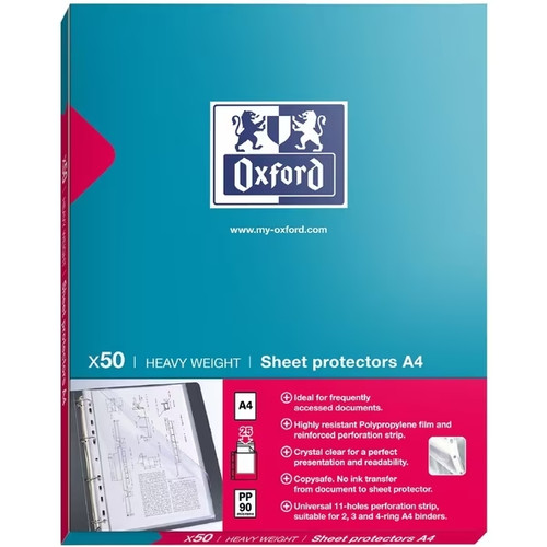 Oxford A4 Sheet Protector Heavy Weight A4 PP 90 Micron Clear Copy Safe - 3 Packs of 50 (150 Sheet Protectors)
