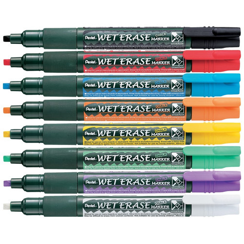 Pentel SMW26 Reversible Nib Liquid Chalk Wet Erase Bullet and Chisel Assorted Colours Pack of 12