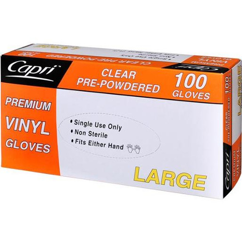 Capri Premium Vinyl Clear Large Gloves Pre-Powered, Carton of 1000
