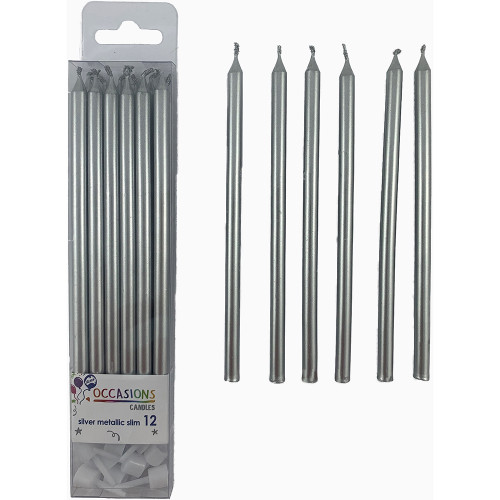Alpen Occasions Slim Candles With Holders 120mm Silver Pack Of 12