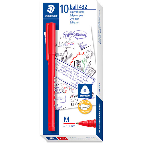 Staedtler Stick 432 Triangular Ballpoint Pen 1.0mm Medium - Red, Box of 10