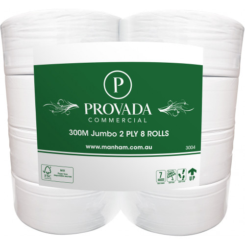 PROVADA 300M JUMBO ROLL RECYCLED TOILET PAPER 2 Ply Carton of 8