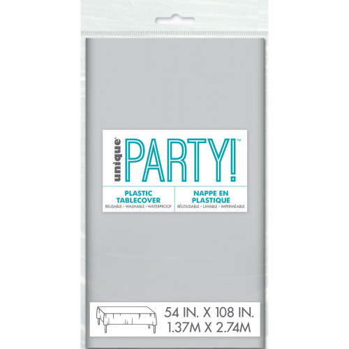 SILVER PLASTIC TABLECOVER RECTANGLE 137CM X 274CM