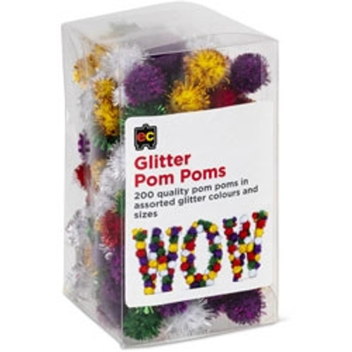 Glitter Pom Poms Assorted Colours and Sizes, Pack of 200