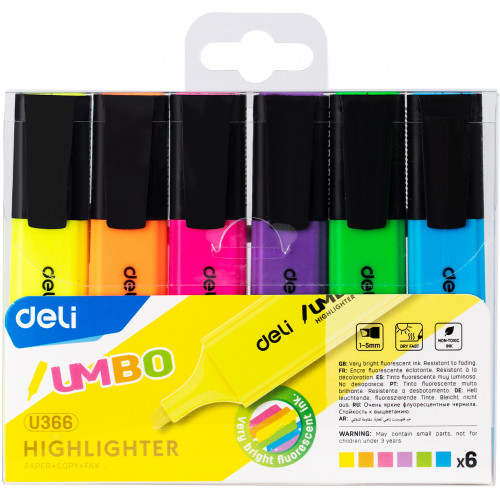 DELI HIGHLIGHTER WALLET 6 ASSORTED CHISEL TIP 1-5MM