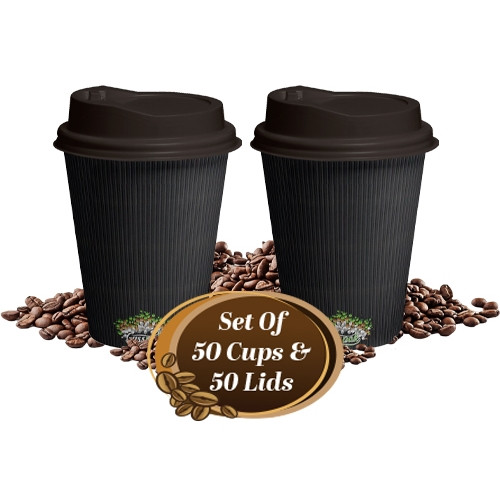 50 Sets 16oz (480ml) Double Wall Black Ripple Disposable Cups With Lids Suit Coffee Juice Chocolate Hot Cold Drinks